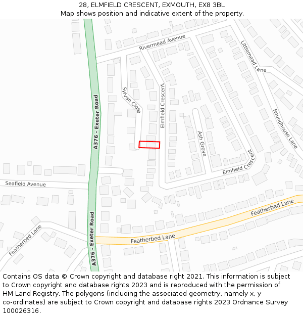 28, ELMFIELD CRESCENT, EXMOUTH, EX8 3BL: Location map and indicative extent of plot