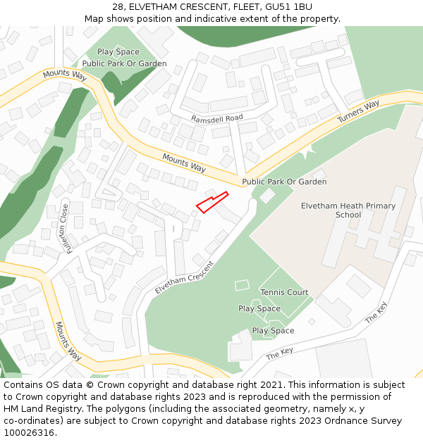 28, ELVETHAM CRESCENT, FLEET, GU51 1BU: Location map and indicative extent of plot