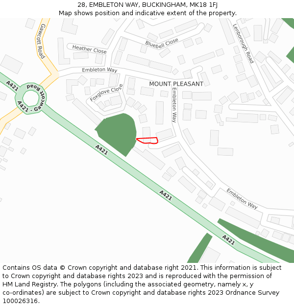 28, EMBLETON WAY, BUCKINGHAM, MK18 1FJ: Location map and indicative extent of plot