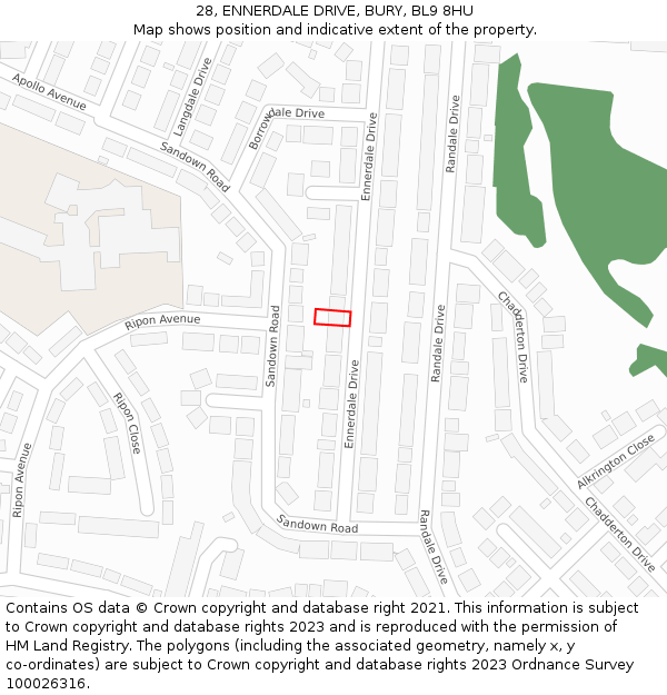 28, ENNERDALE DRIVE, BURY, BL9 8HU: Location map and indicative extent of plot