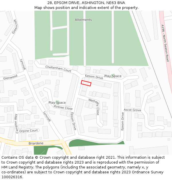 28, EPSOM DRIVE, ASHINGTON, NE63 8NA: Location map and indicative extent of plot