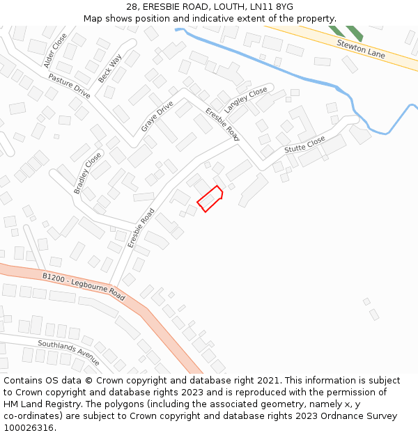 28, ERESBIE ROAD, LOUTH, LN11 8YG: Location map and indicative extent of plot