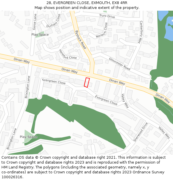 28, EVERGREEN CLOSE, EXMOUTH, EX8 4RR: Location map and indicative extent of plot