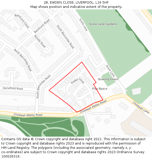 28, EWDEN CLOSE, LIVERPOOL, L16 5HF: Location map and indicative extent of plot