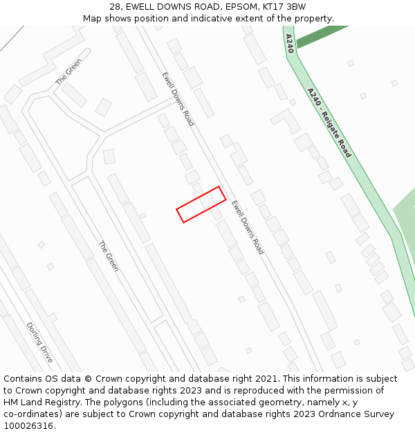 28, EWELL DOWNS ROAD, EPSOM, KT17 3BW: Location map and indicative extent of plot