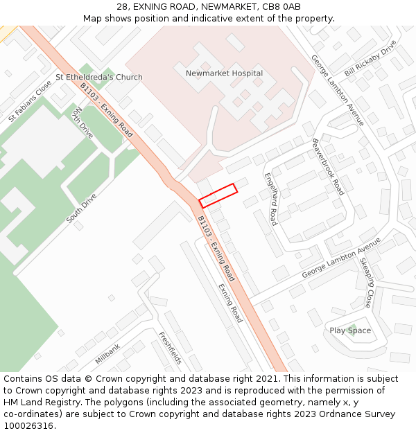 28, EXNING ROAD, NEWMARKET, CB8 0AB: Location map and indicative extent of plot