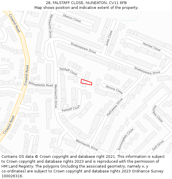 28, FALSTAFF CLOSE, NUNEATON, CV11 6FB: Location map and indicative extent of plot