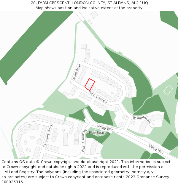 28, FARM CRESCENT, LONDON COLNEY, ST ALBANS, AL2 1UQ: Location map and indicative extent of plot