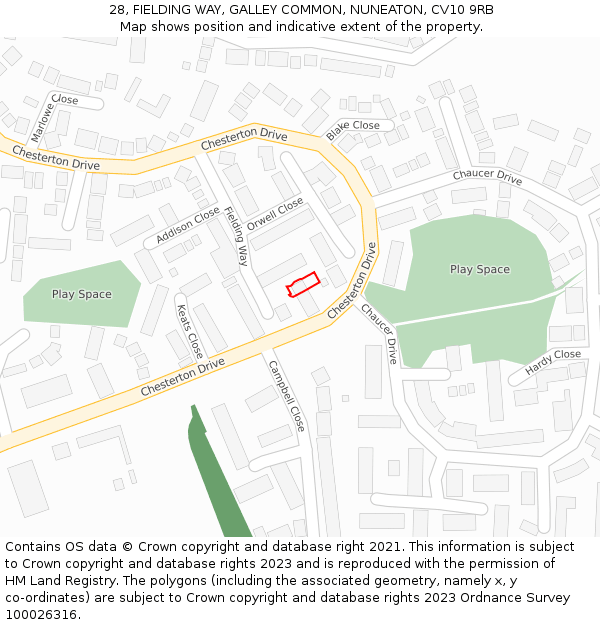 28, FIELDING WAY, GALLEY COMMON, NUNEATON, CV10 9RB: Location map and indicative extent of plot