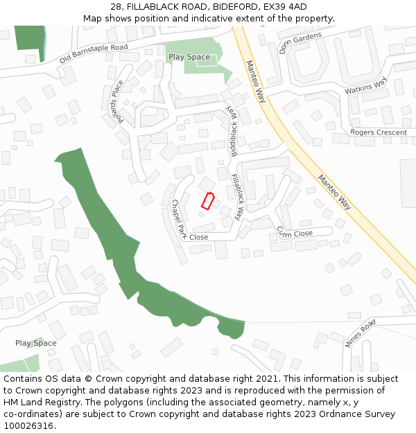 28, FILLABLACK ROAD, BIDEFORD, EX39 4AD: Location map and indicative extent of plot