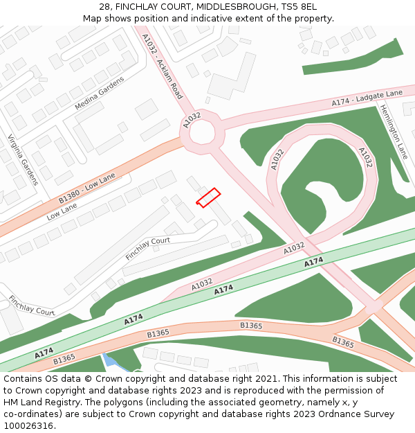 28, FINCHLAY COURT, MIDDLESBROUGH, TS5 8EL: Location map and indicative extent of plot