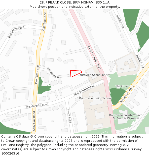 28, FIRBANK CLOSE, BIRMINGHAM, B30 1UA: Location map and indicative extent of plot