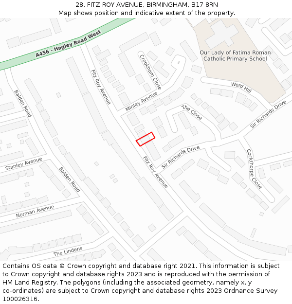 28, FITZ ROY AVENUE, BIRMINGHAM, B17 8RN: Location map and indicative extent of plot