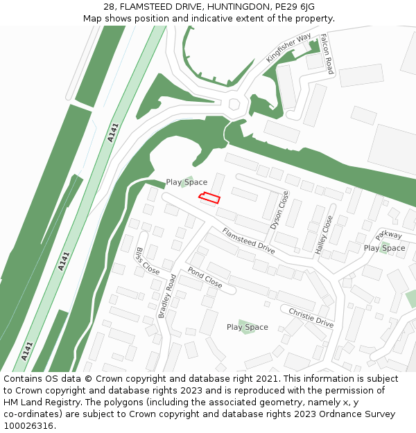 28, FLAMSTEED DRIVE, HUNTINGDON, PE29 6JG: Location map and indicative extent of plot