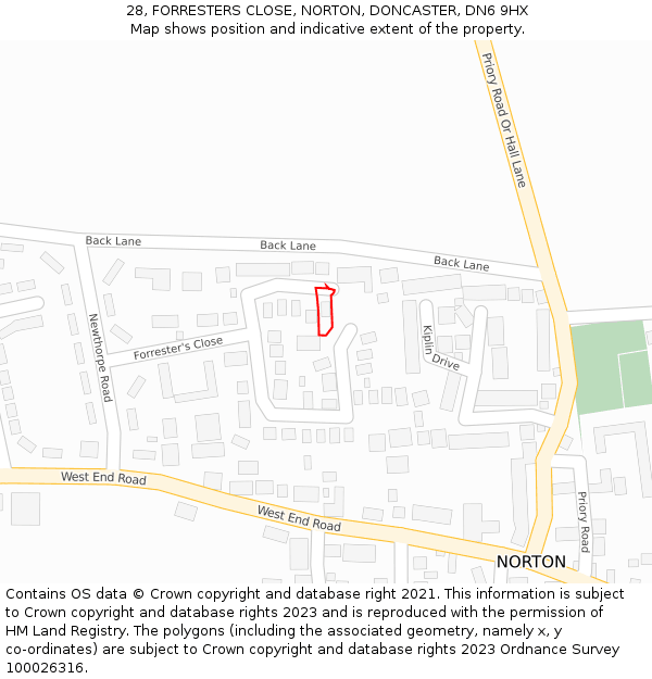 28, FORRESTERS CLOSE, NORTON, DONCASTER, DN6 9HX: Location map and indicative extent of plot