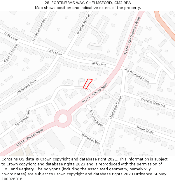 28, FORTINBRAS WAY, CHELMSFORD, CM2 9PA: Location map and indicative extent of plot