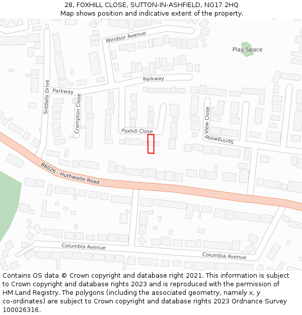 28, FOXHILL CLOSE, SUTTON-IN-ASHFIELD, NG17 2HQ: Location map and indicative extent of plot