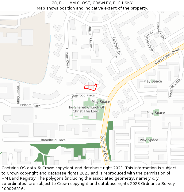 28, FULHAM CLOSE, CRAWLEY, RH11 9NY: Location map and indicative extent of plot