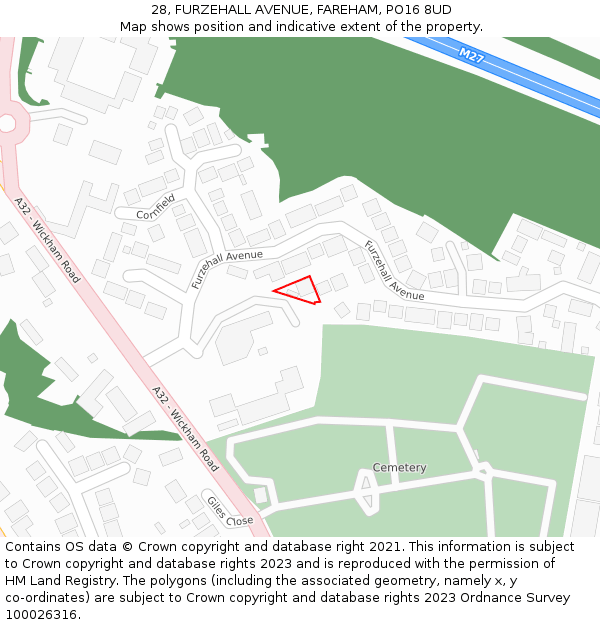 28, FURZEHALL AVENUE, FAREHAM, PO16 8UD: Location map and indicative extent of plot