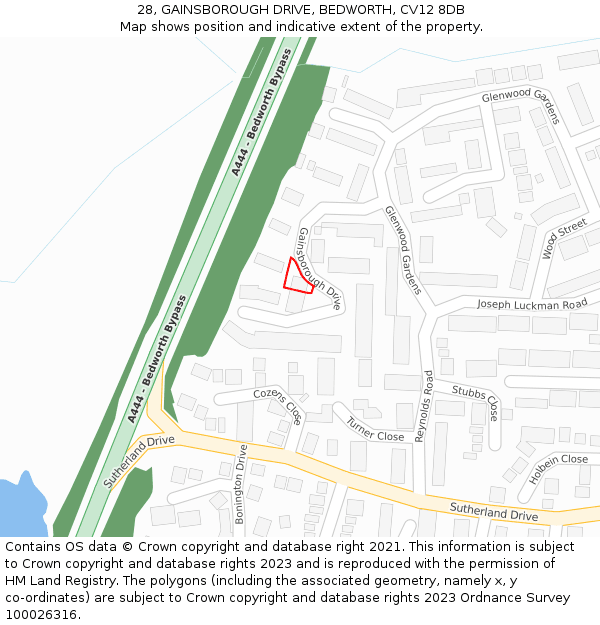 28, GAINSBOROUGH DRIVE, BEDWORTH, CV12 8DB: Location map and indicative extent of plot