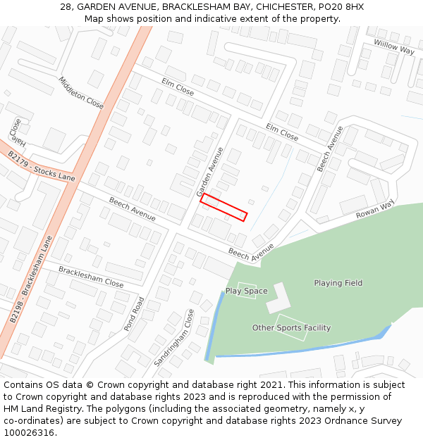 28, GARDEN AVENUE, BRACKLESHAM BAY, CHICHESTER, PO20 8HX: Location map and indicative extent of plot