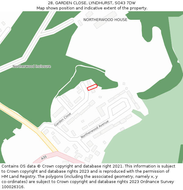 28, GARDEN CLOSE, LYNDHURST, SO43 7DW: Location map and indicative extent of plot