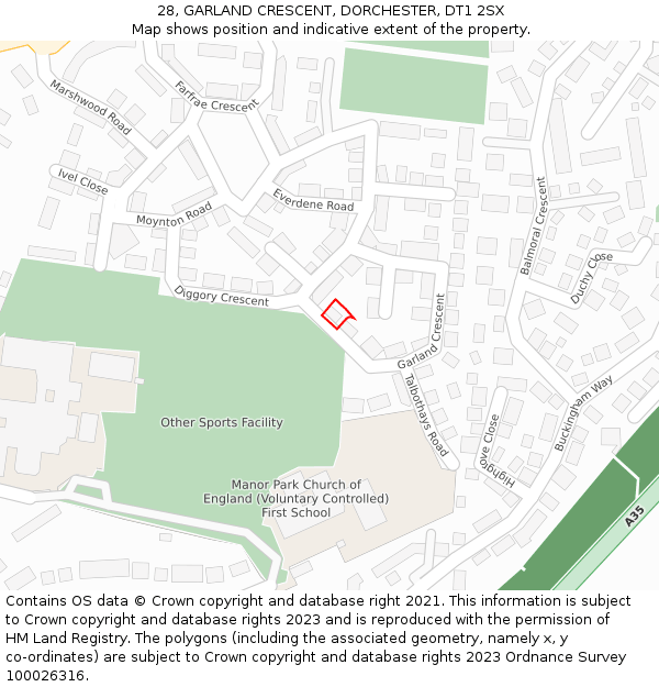 28, GARLAND CRESCENT, DORCHESTER, DT1 2SX: Location map and indicative extent of plot
