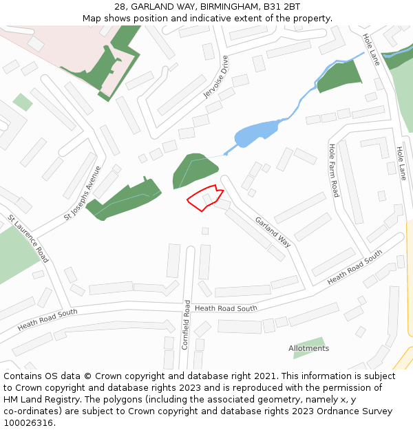 28, GARLAND WAY, BIRMINGHAM, B31 2BT: Location map and indicative extent of plot