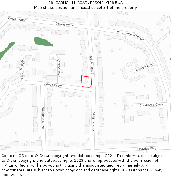 28, GARLICHILL ROAD, EPSOM, KT18 5UA: Location map and indicative extent of plot