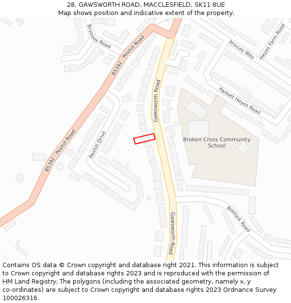 28, GAWSWORTH ROAD, MACCLESFIELD, SK11 8UE: Location map and indicative extent of plot