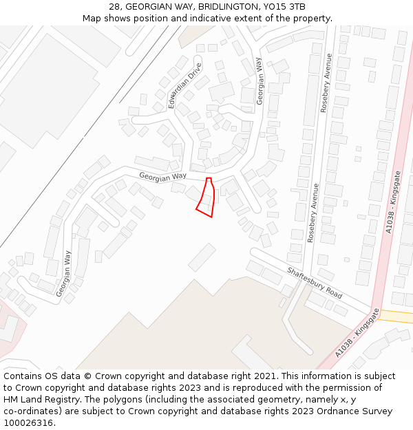 28, GEORGIAN WAY, BRIDLINGTON, YO15 3TB: Location map and indicative extent of plot