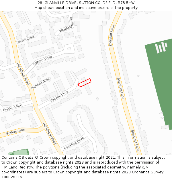 28, GLANVILLE DRIVE, SUTTON COLDFIELD, B75 5HW: Location map and indicative extent of plot