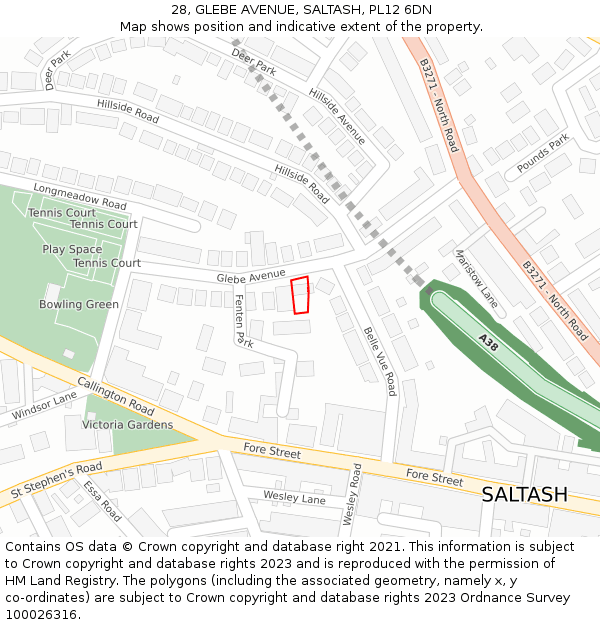 28, GLEBE AVENUE, SALTASH, PL12 6DN: Location map and indicative extent of plot