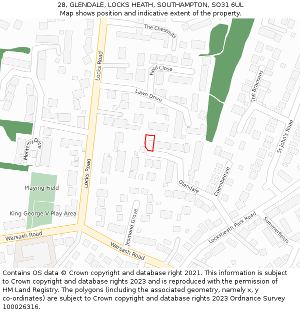 28, GLENDALE, LOCKS HEATH, SOUTHAMPTON, SO31 6UL: Location map and indicative extent of plot