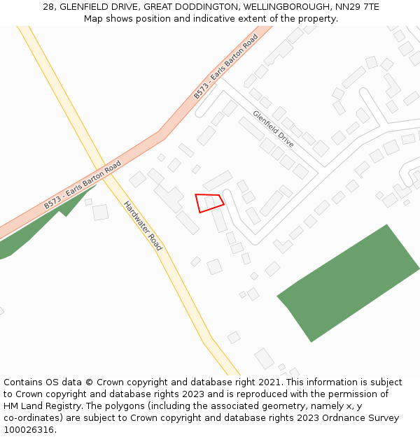 28, GLENFIELD DRIVE, GREAT DODDINGTON, WELLINGBOROUGH, NN29 7TE: Location map and indicative extent of plot