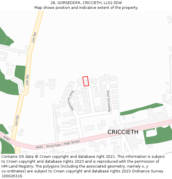 28, GORSEDDFA, CRICCIETH, LL52 0DW: Location map and indicative extent of plot