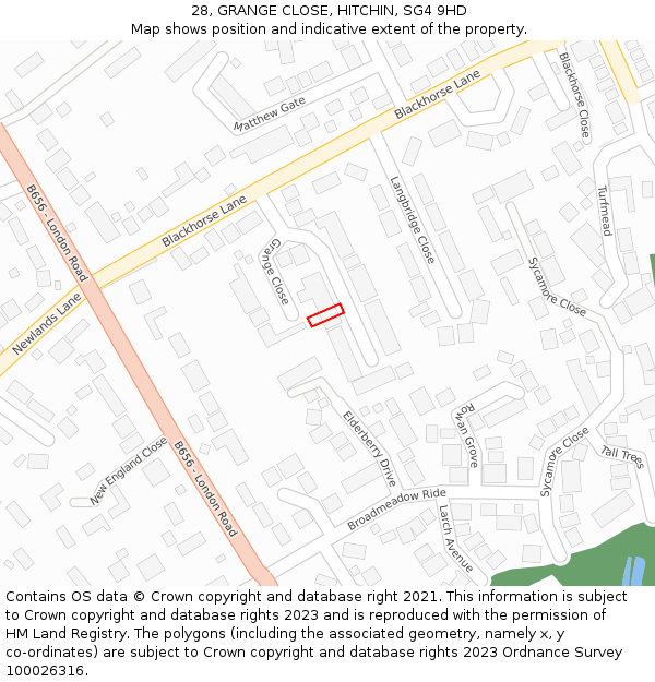 28, GRANGE CLOSE, HITCHIN, SG4 9HD: Location map and indicative extent of plot