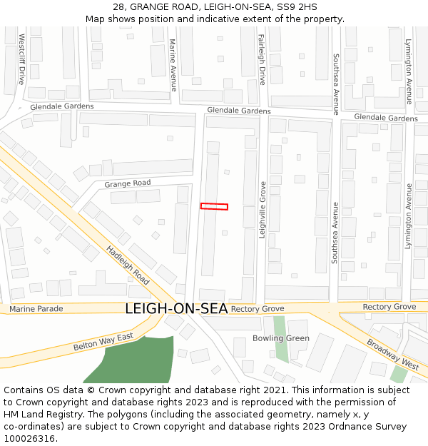 28, GRANGE ROAD, LEIGH-ON-SEA, SS9 2HS: Location map and indicative extent of plot