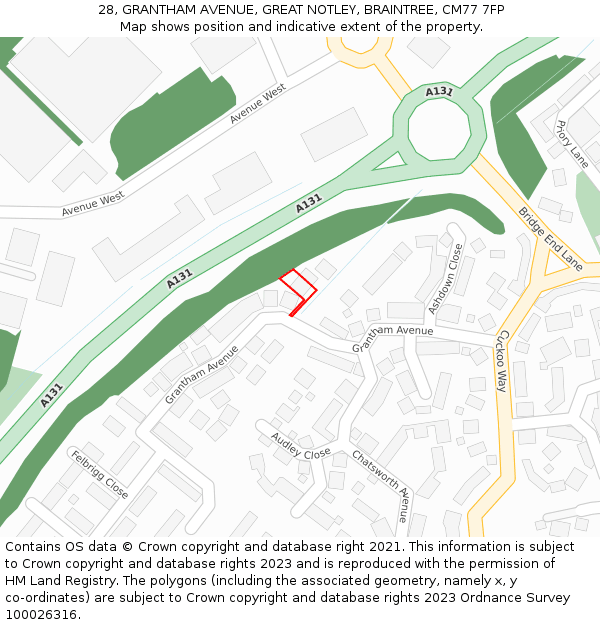 28, GRANTHAM AVENUE, GREAT NOTLEY, BRAINTREE, CM77 7FP: Location map and indicative extent of plot