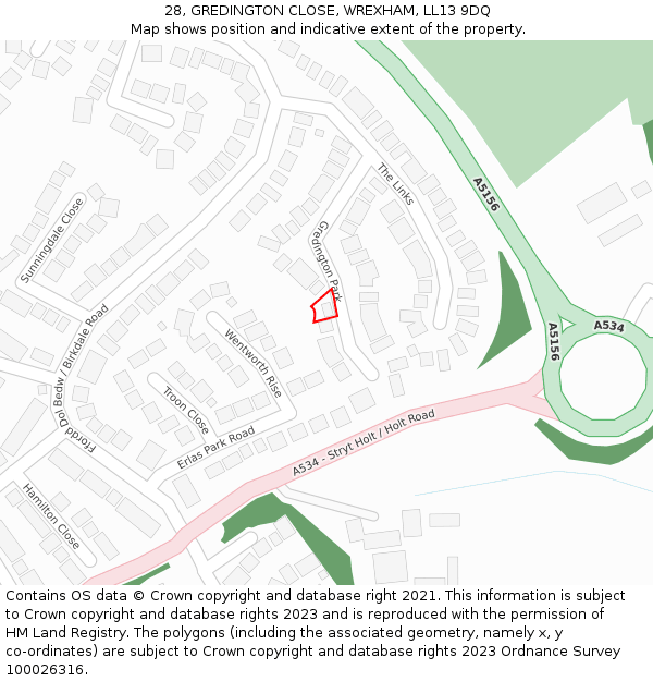 28, GREDINGTON CLOSE, WREXHAM, LL13 9DQ: Location map and indicative extent of plot