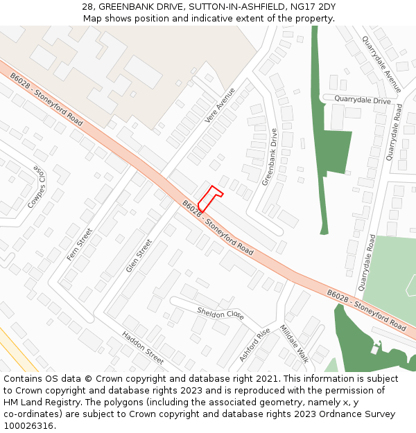 28, GREENBANK DRIVE, SUTTON-IN-ASHFIELD, NG17 2DY: Location map and indicative extent of plot