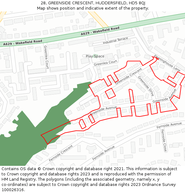 28, GREENSIDE CRESCENT, HUDDERSFIELD, HD5 8QJ: Location map and indicative extent of plot