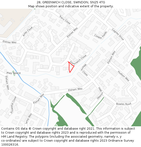 28, GREENWICH CLOSE, SWINDON, SN25 4TG: Location map and indicative extent of plot