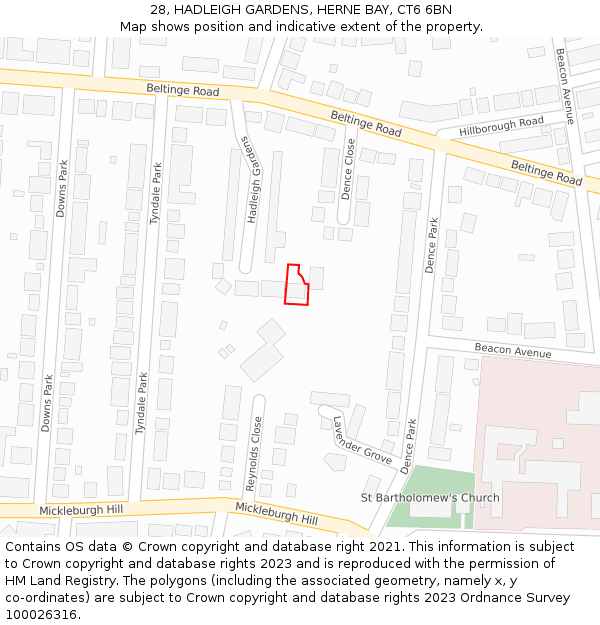 28, HADLEIGH GARDENS, HERNE BAY, CT6 6BN: Location map and indicative extent of plot