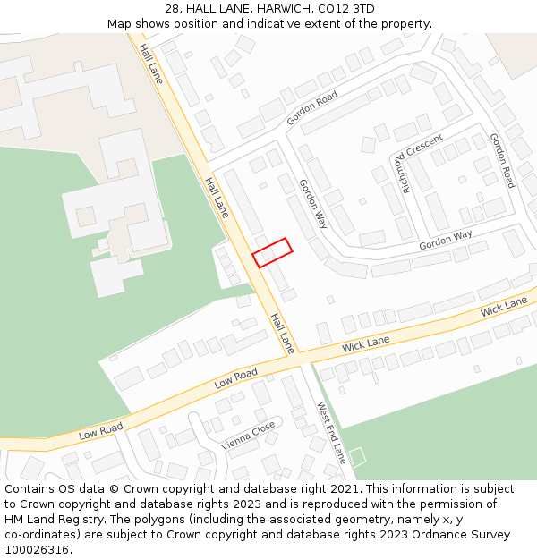 28, HALL LANE, HARWICH, CO12 3TD: Location map and indicative extent of plot