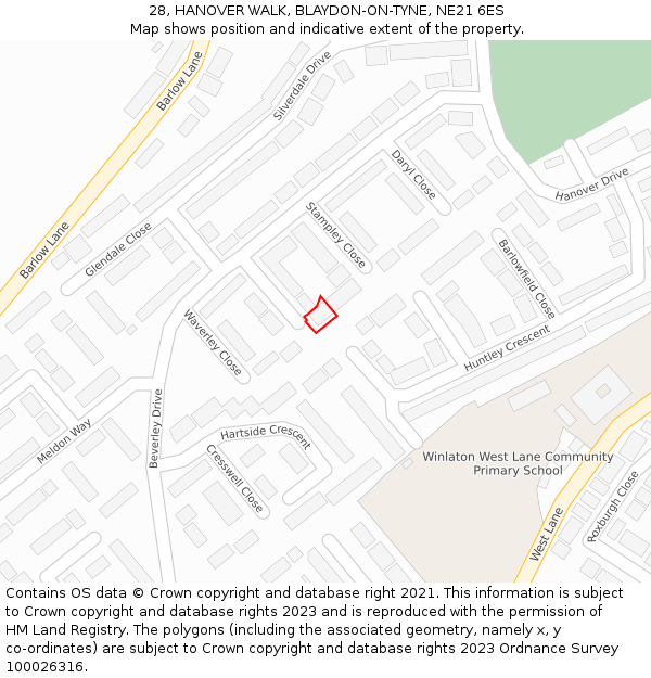28, HANOVER WALK, BLAYDON-ON-TYNE, NE21 6ES: Location map and indicative extent of plot
