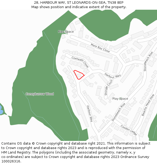 28, HARBOUR WAY, ST LEONARDS-ON-SEA, TN38 8EP: Location map and indicative extent of plot