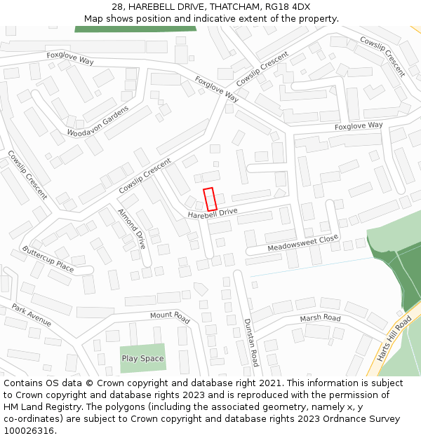 28, HAREBELL DRIVE, THATCHAM, RG18 4DX: Location map and indicative extent of plot