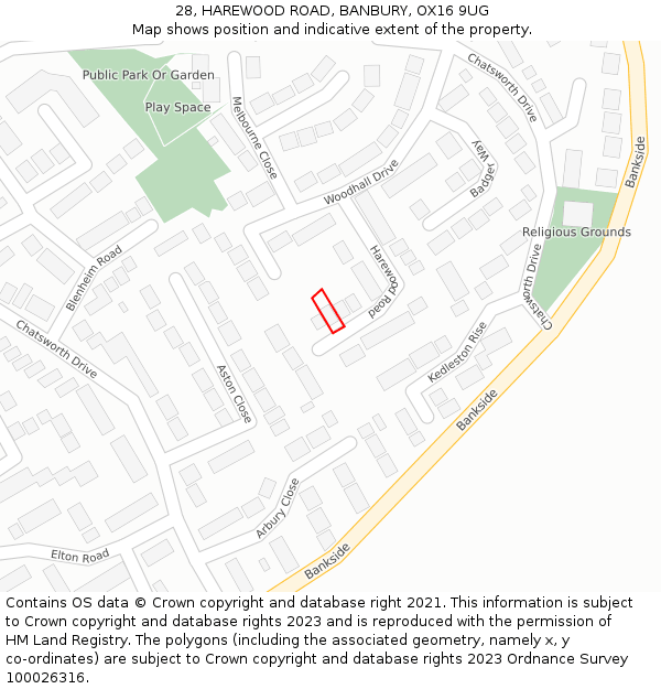 28, HAREWOOD ROAD, BANBURY, OX16 9UG: Location map and indicative extent of plot