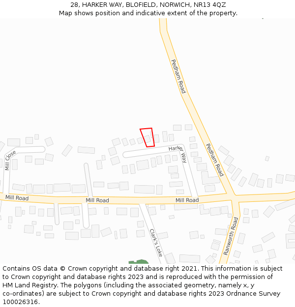 28, HARKER WAY, BLOFIELD, NORWICH, NR13 4QZ: Location map and indicative extent of plot